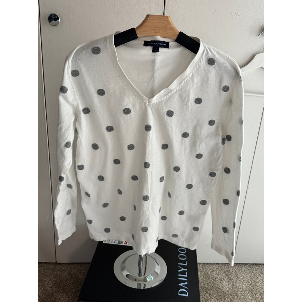 Tommy Hilfiger Polka Dot Sweater - White and Gray - Size Large